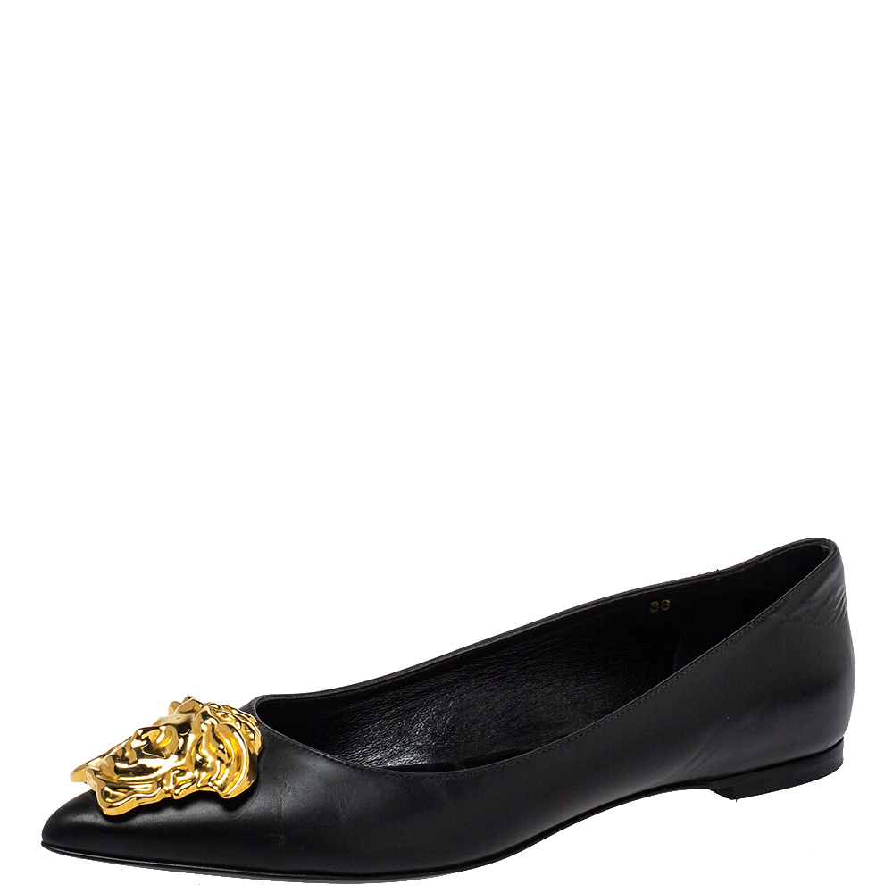 Pre-owned Versace Black Leather Medusa Pointed Toe Ballet Flats Size 38