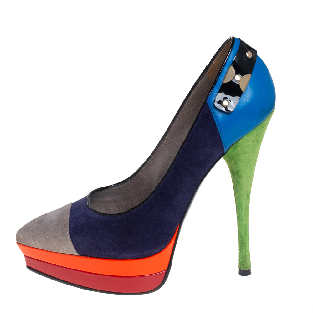 

Versace Multicolor Block Suede and Patent Leather Pointed Toe Platform Pumps Size