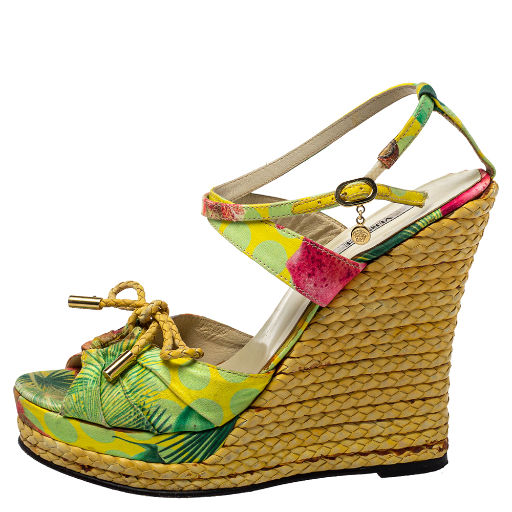 

Versace Multicolor Printed Satin Espadrille Wedge Sandals Size