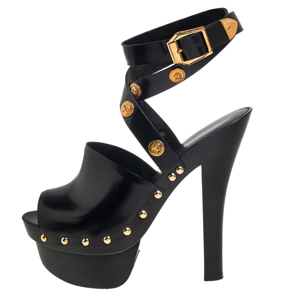 

Versace Black Leather Medusa Embellished Ankle Wrap Platform Sandals Size