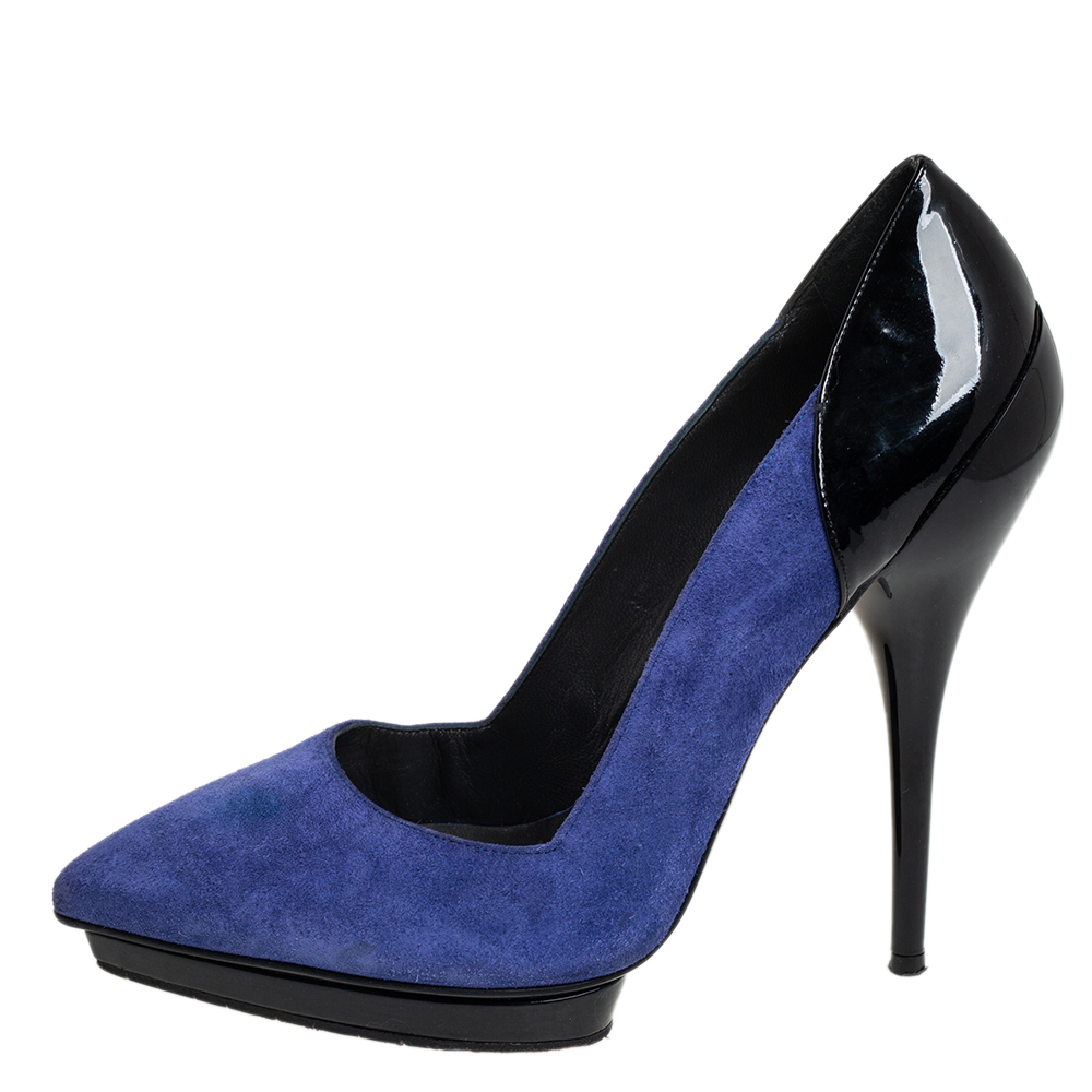 

Versace Blue Suede And Black Patent Leather Pointed Toe Pumps Size