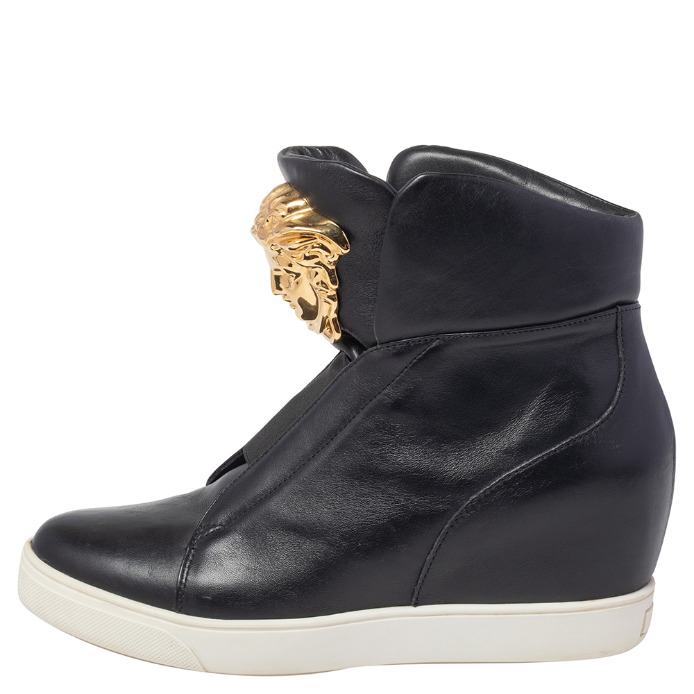 

Versace Black Leather Palazzo Medusa Wedge High Top Sneakers Size