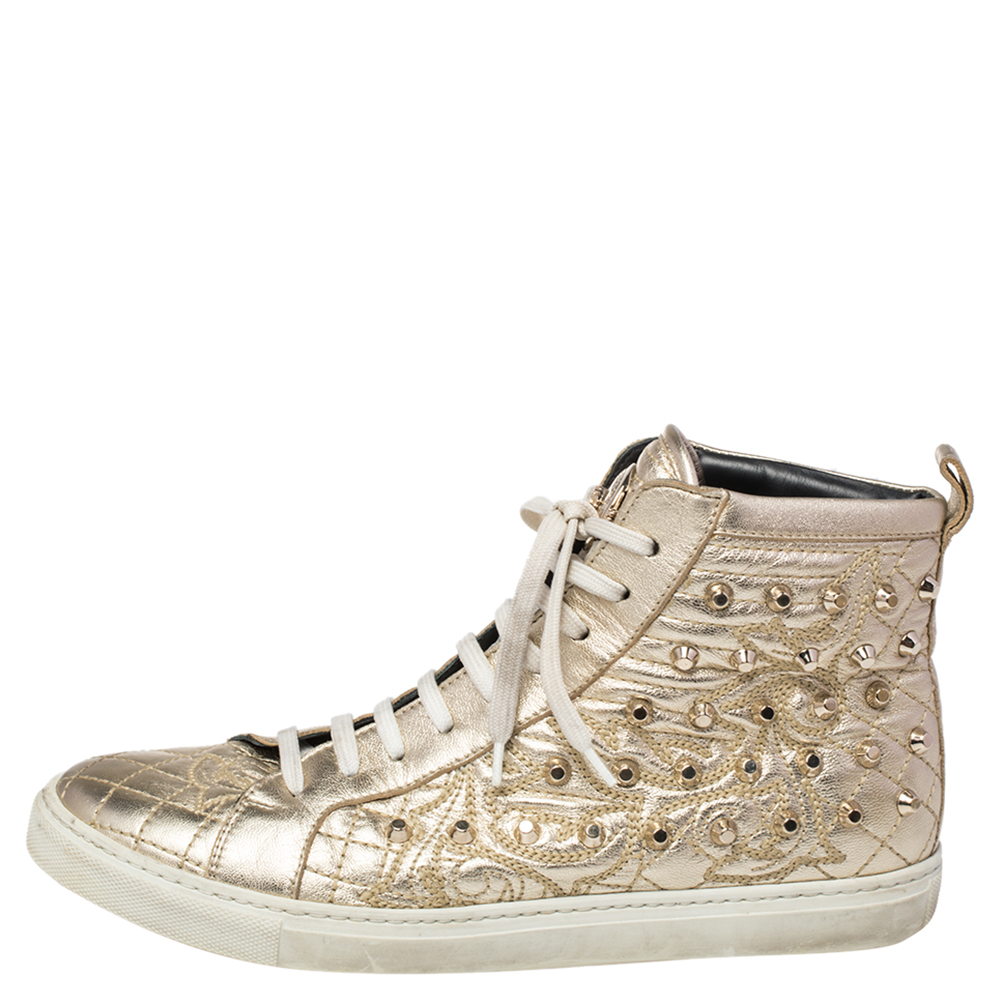 

Versace Gold Leather Studded High Top Sneakers Size