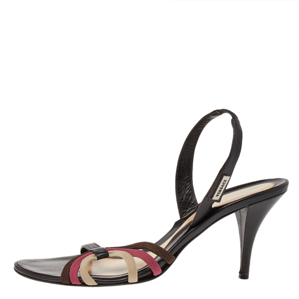 

Versace Brown Leather And Fabric Slingback Sandals Size