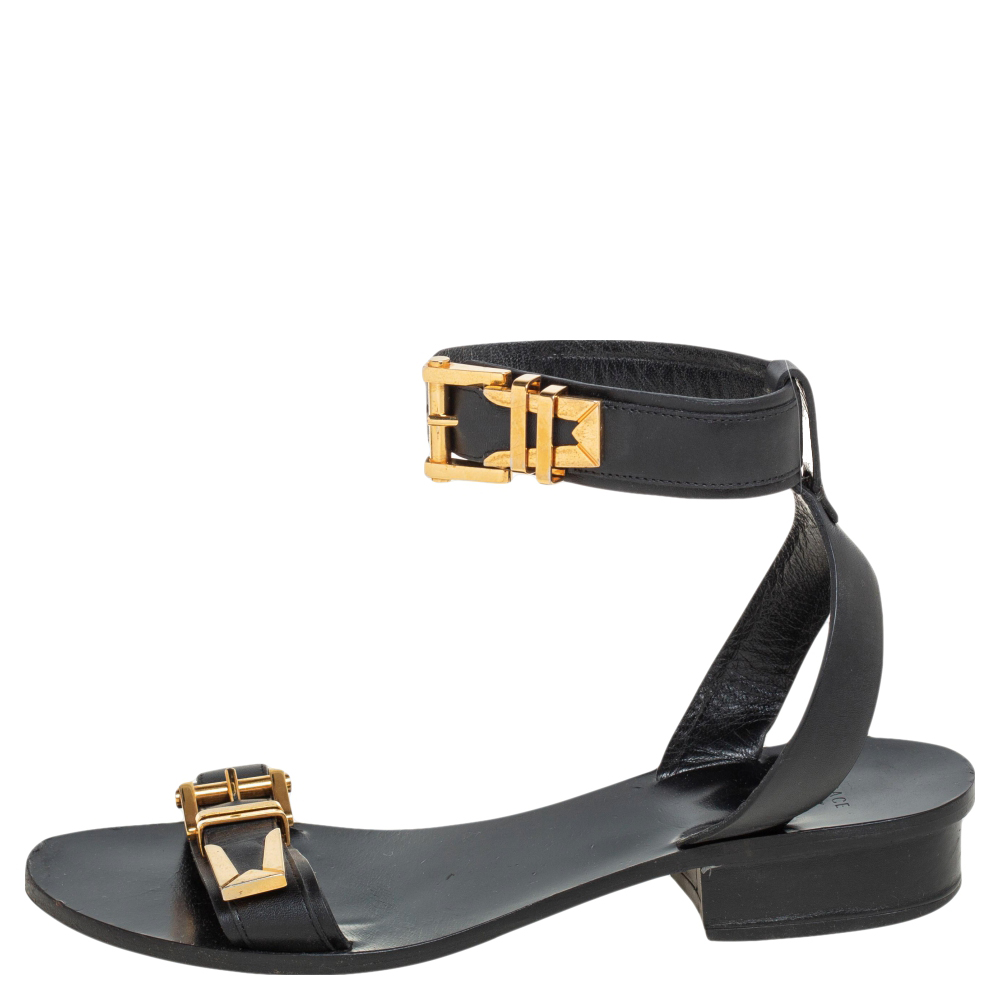 

Versace Black Leather Buckle Ankle Strap Sandals Size