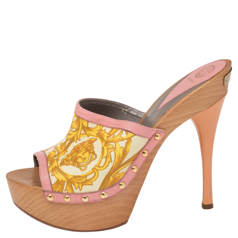 

Versace Multicolor Barocco Printed Leather Clog Platform Sandals Size