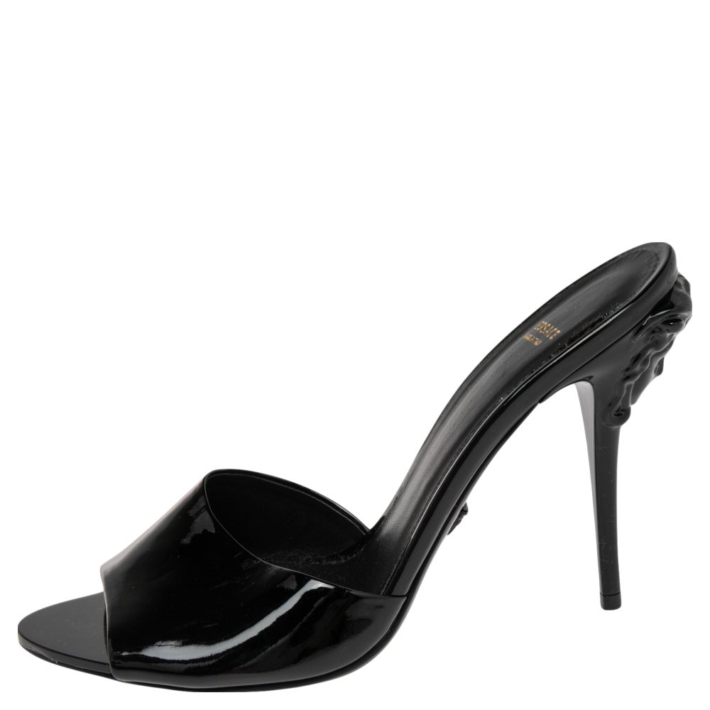 

Versace Black Patent Leather Medusa Heel Slide Sandals Size