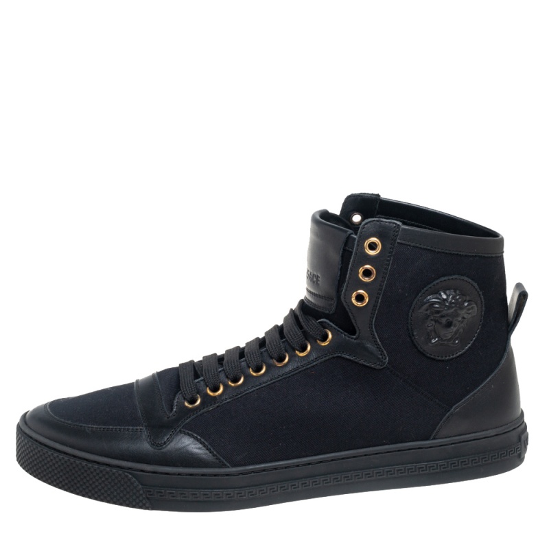 

Versace Black Leather and Canvas High Top Sneakers Size