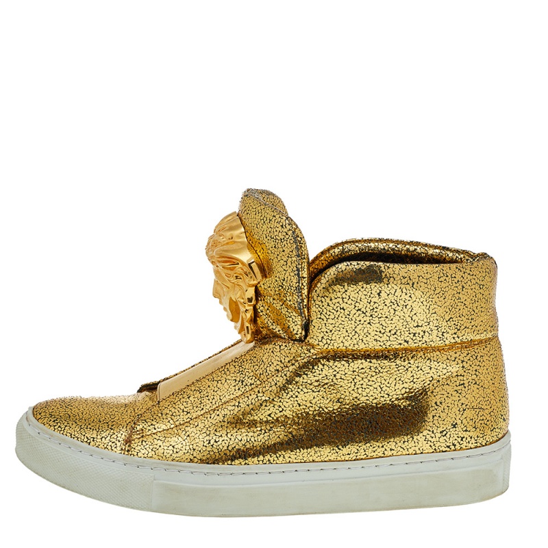 

Versace Metallic Gold Crackle Leather Medusa High Top Sneakers Size