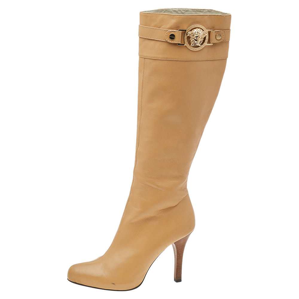 

Versace Beige Leather Medusa Knee Length Boots Size