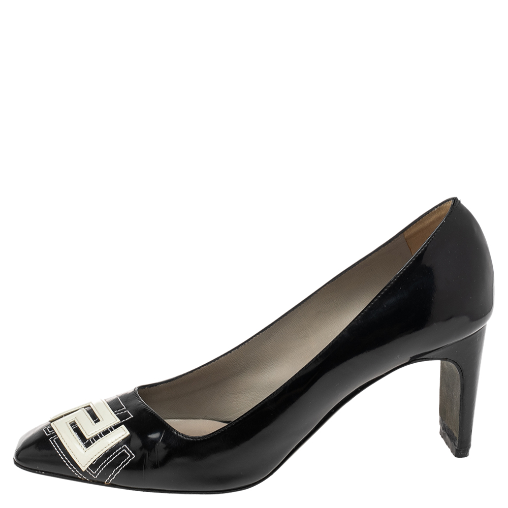 

Versace Black Patent Leather Logo Stitched Square Toe Pumps Size