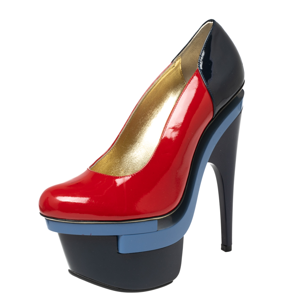 Pre-owned Versace Red/navy Blue Patent Leather Triple Platform Sky High Pumps Size 37