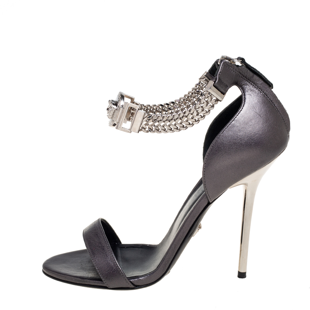 

Versace Metallic Grey Leather Medusa Chain Ankle Strap Sandals Size