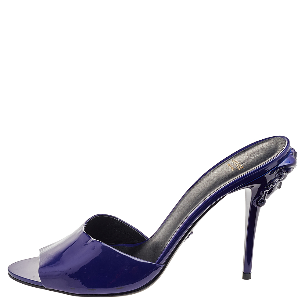 

Versace Blue Patent Leather Medusa Heels Mule Sandals Size