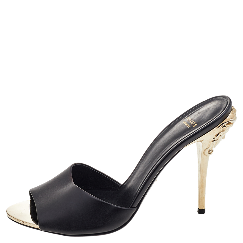 

Versace Black Leather Medusa Heel Slide Sandals Size