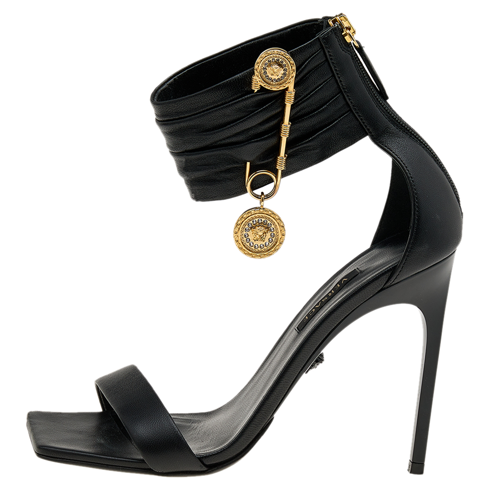 

Versace Black Leather Medusa Safety Pin Ankle Cuff Sandals Size