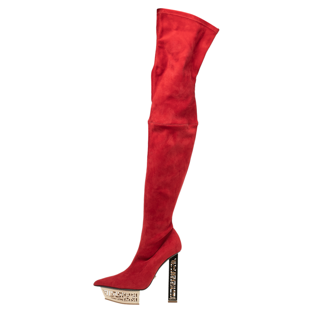 

Versace Red Suede Platform Over The Knee Boots Size