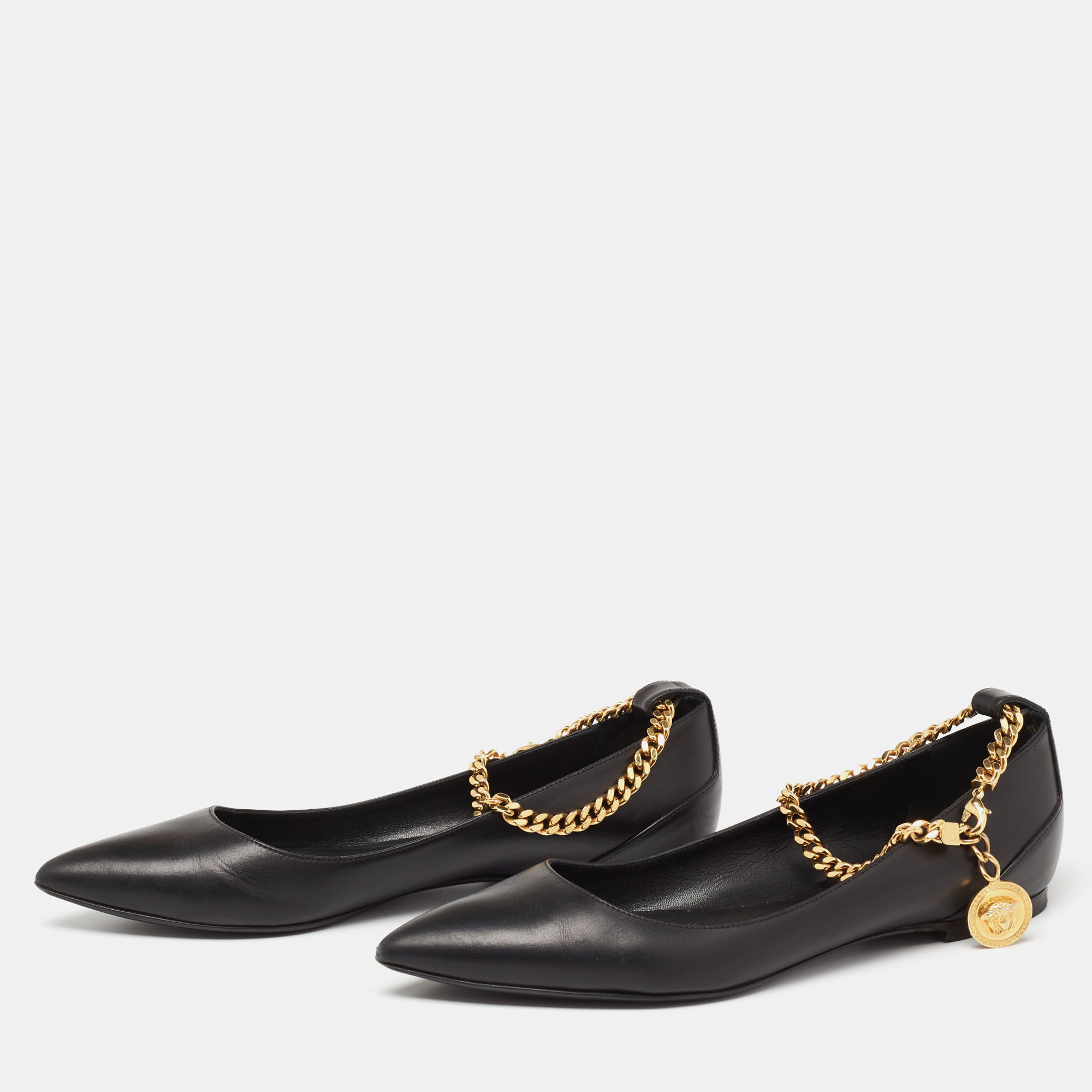 

Versace Black Leather Pointed toe Ankle Strap Ballet Flats Size