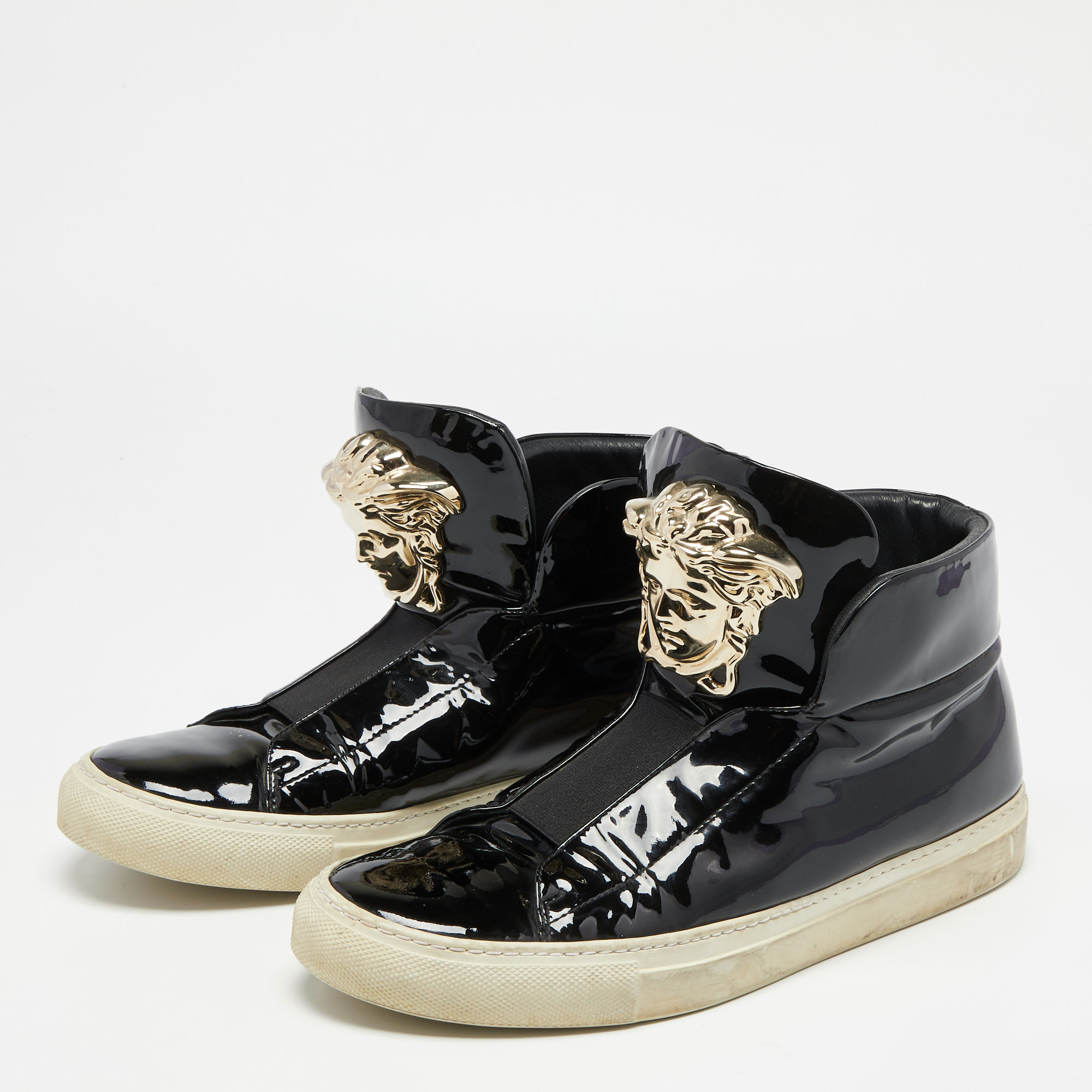 

Versace Black Patent Leather Palazzo Medusa High Top Sneakers Size