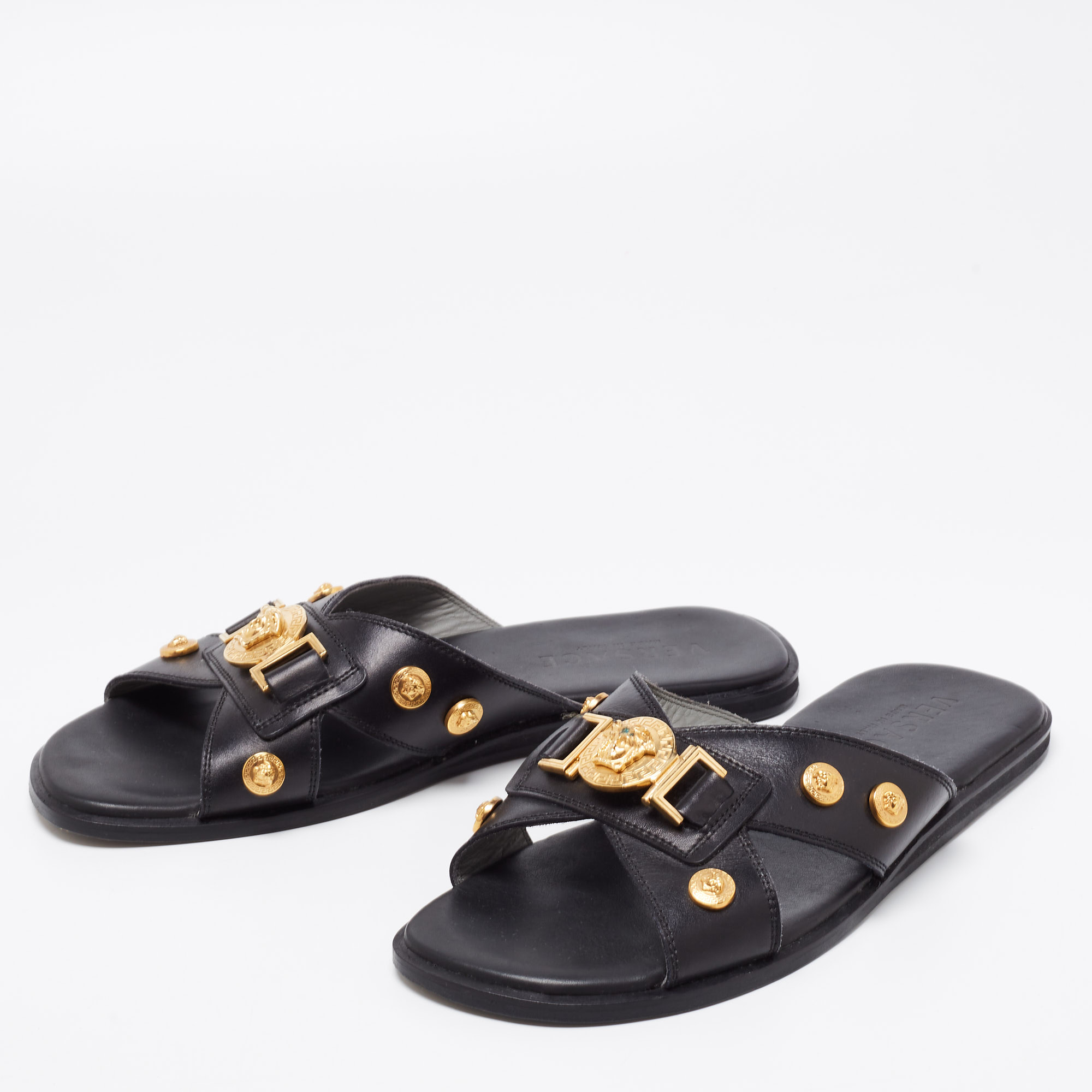 

Versace Black Medusa Logo Embellished Leather Slide Sandals Size