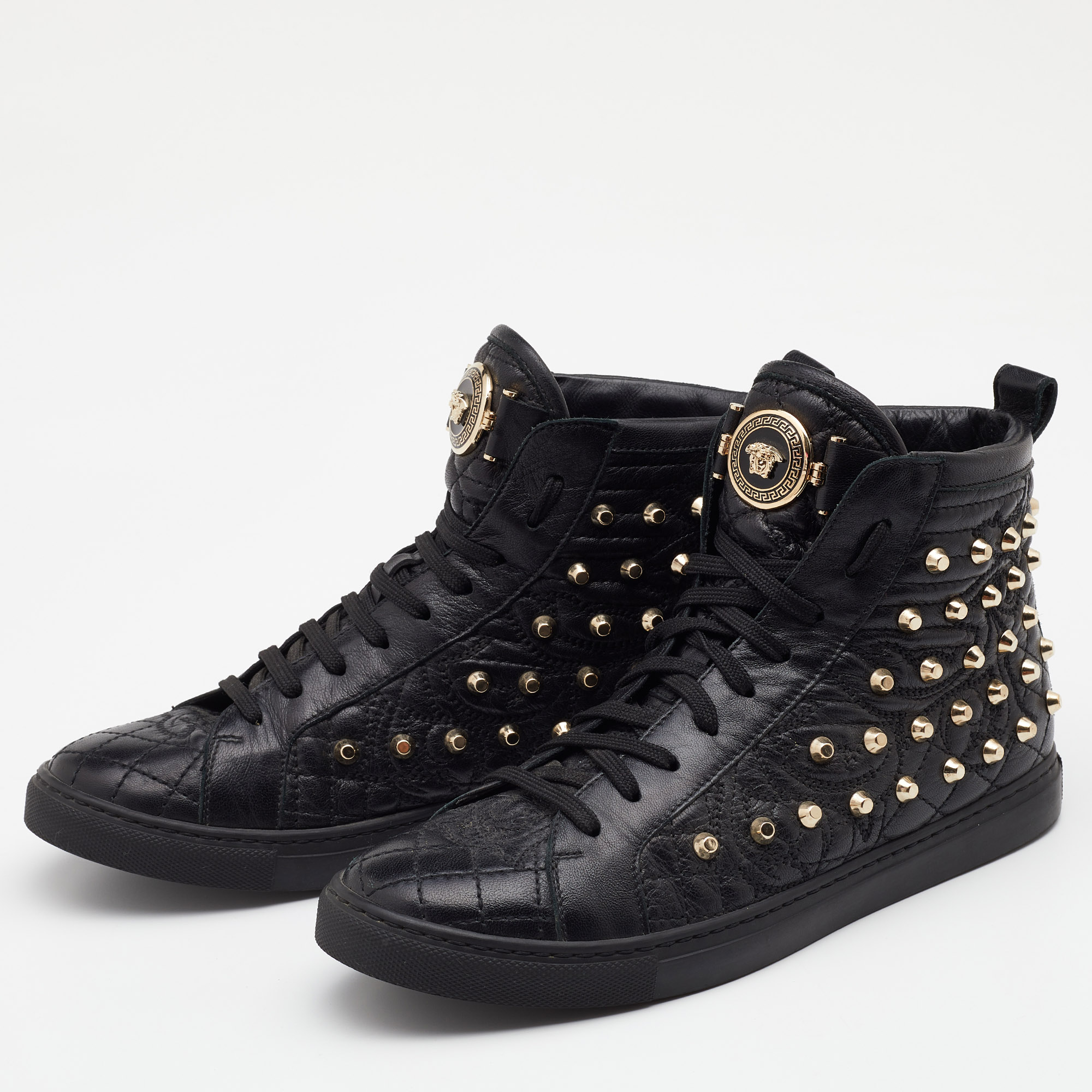 

Versace Black Quilted Leather Medusa Studded High Top Sneakers Size