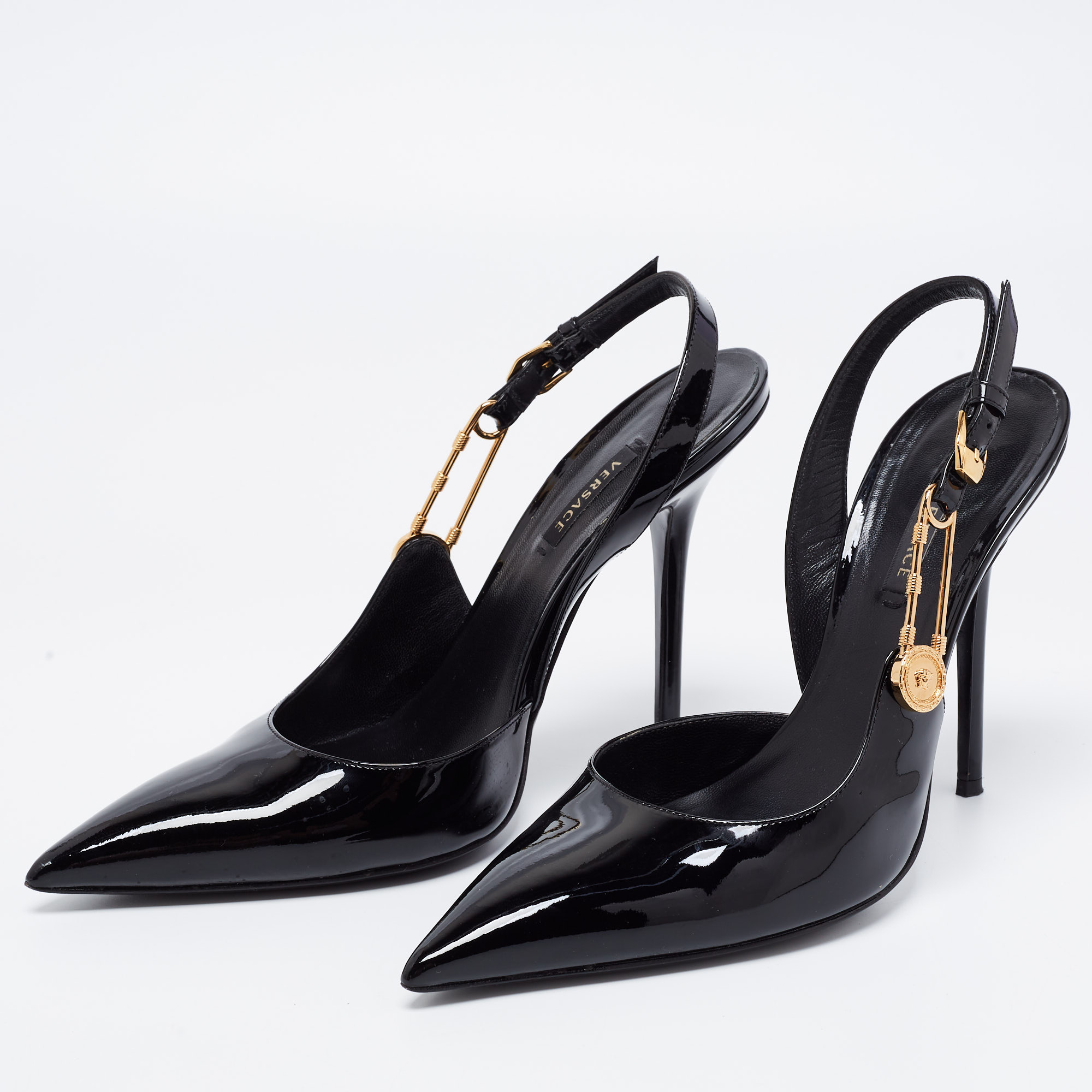 

Versace Black Patent Leather Safety-Pin Ankle Strap Pumps Size