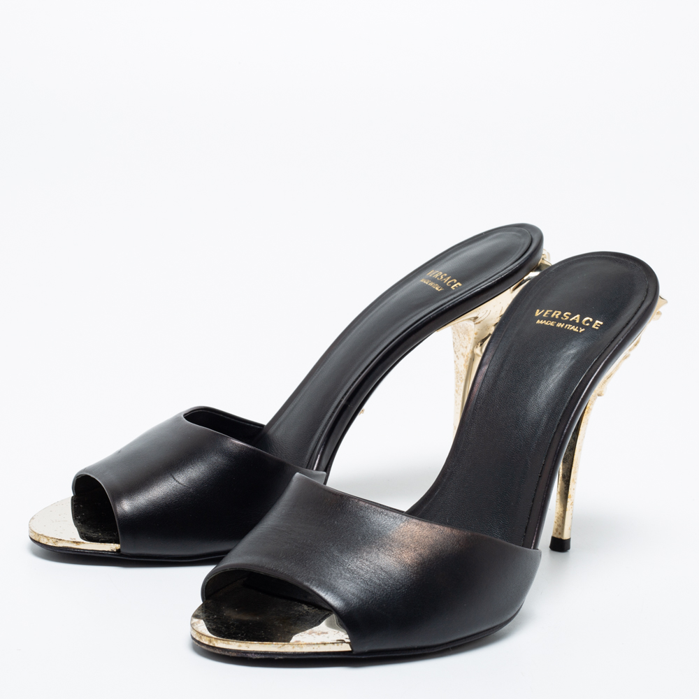 

Versace Black Leather Medusa Heel Slide Sandals Size