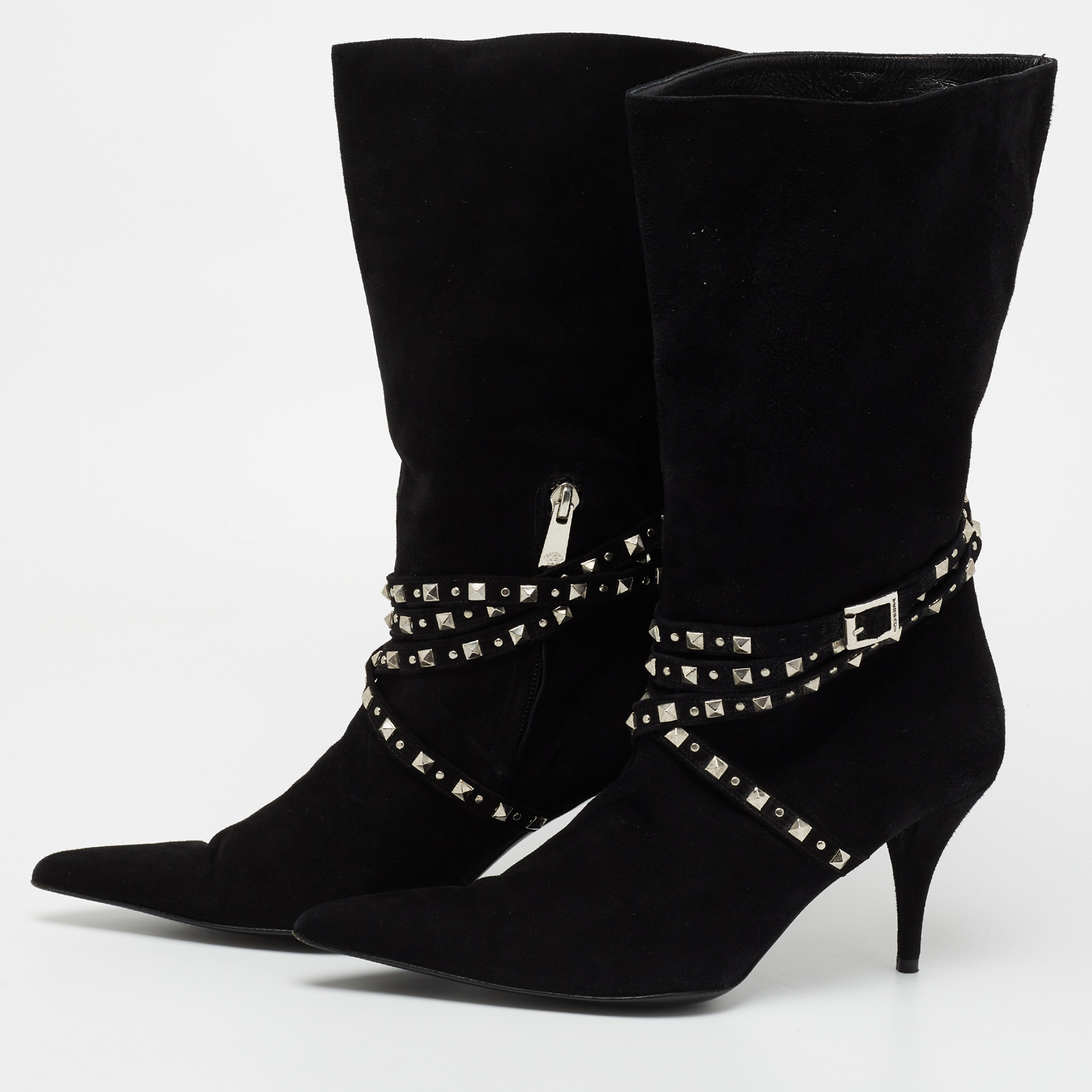 

Versace Black Suede Studded Mid Calf Boots Size