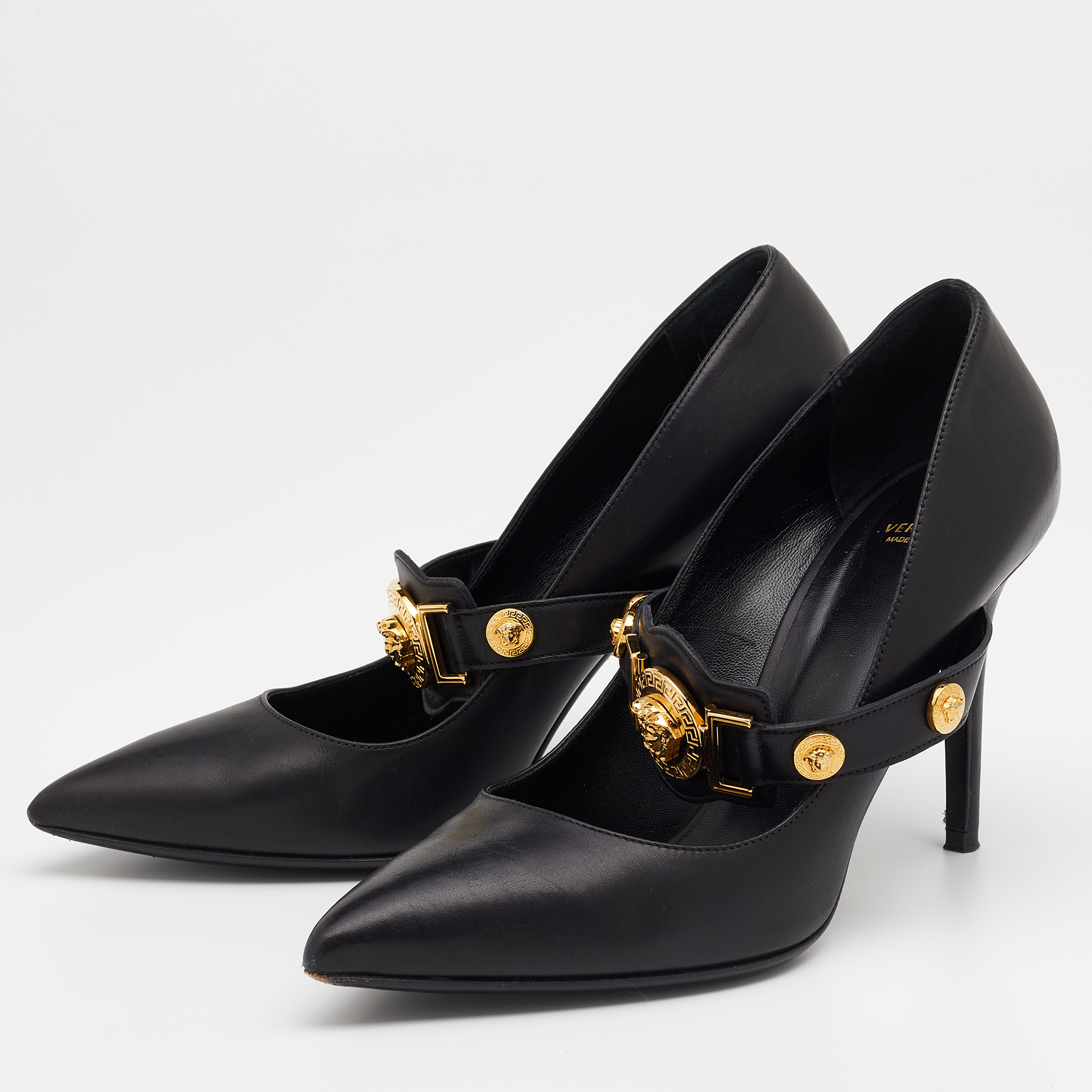 

Versace Black Leather Medusa Strap Pointed Toe Mary Jane Pumps Size