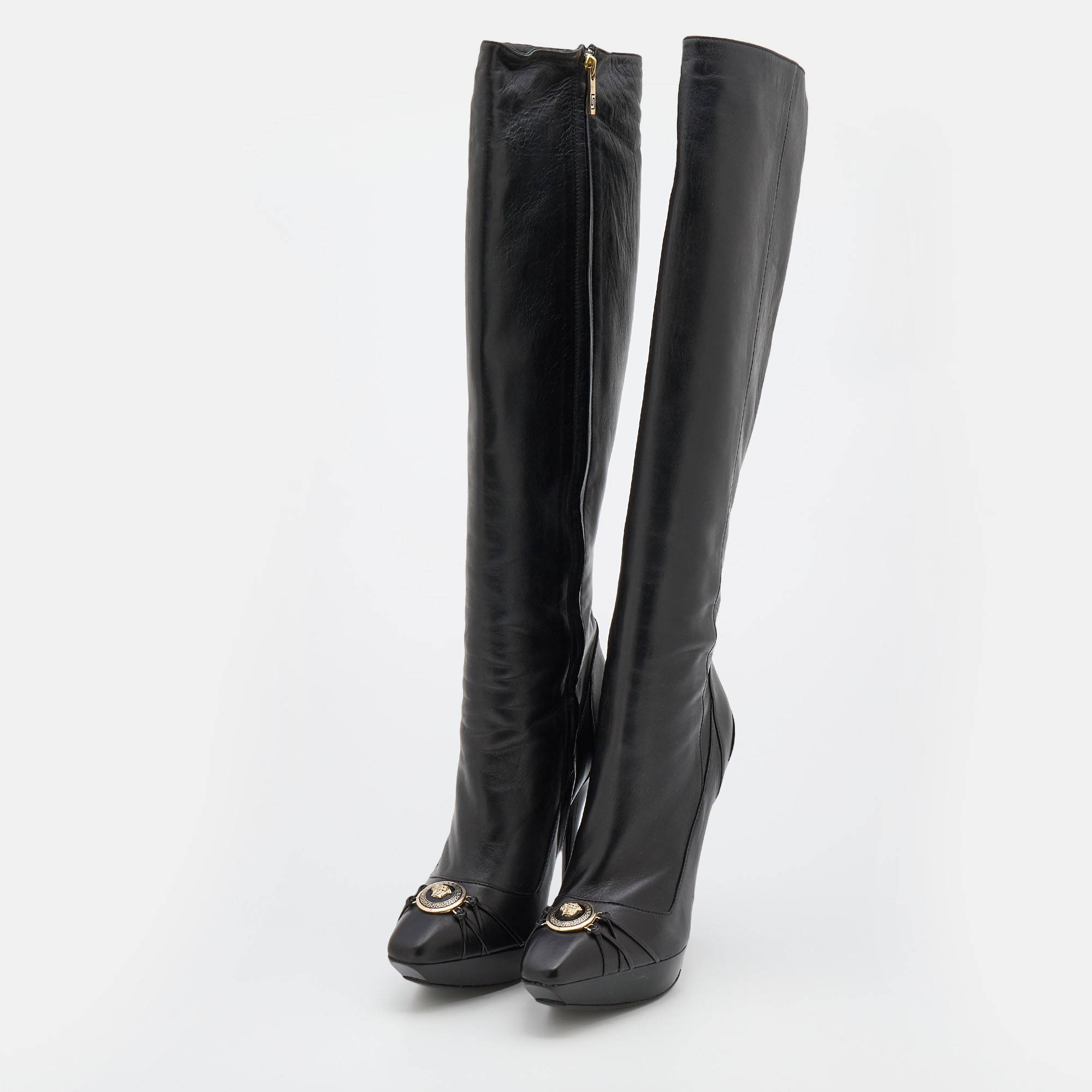 

Versace Black Leather Thigh High Platform Boots Size