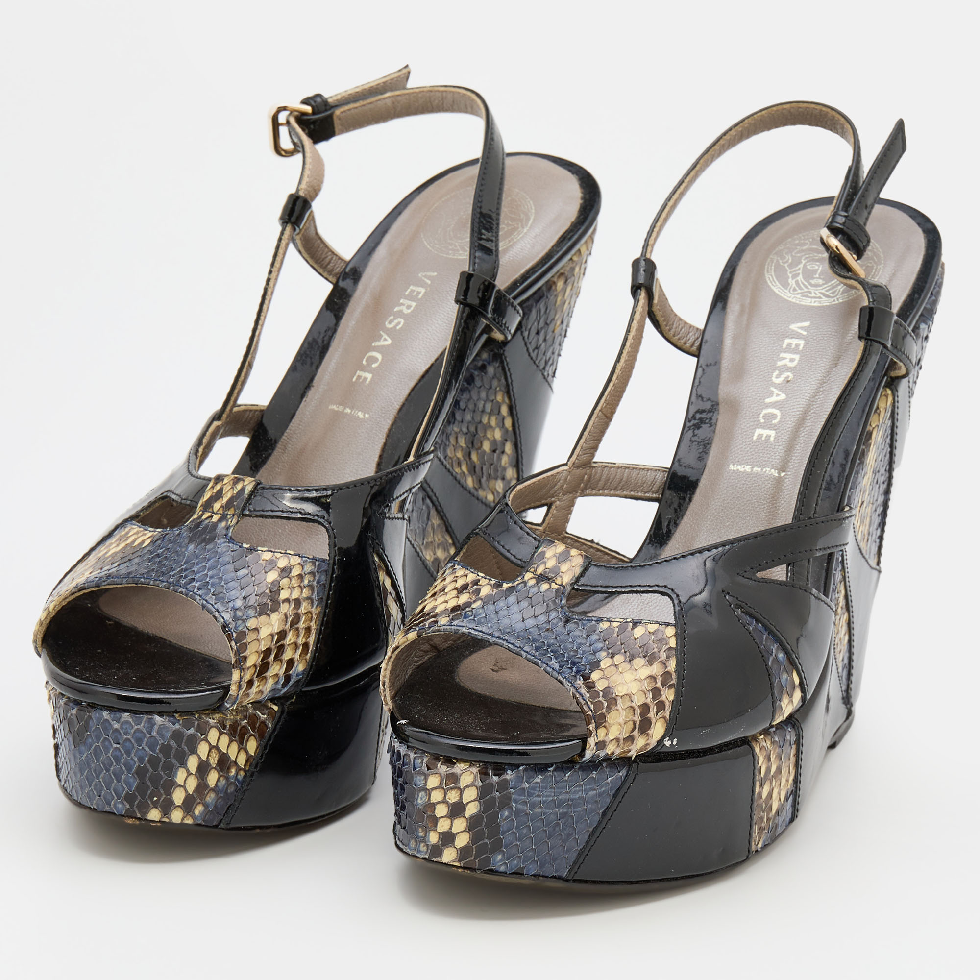 

Versace Multicolor Patent and Snakeskin Leather Platform Wedge Sandals Size, Black