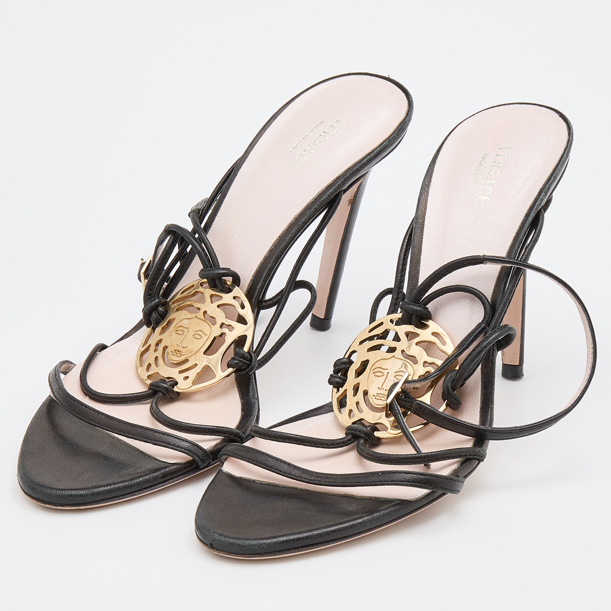 

Versace Black Leather Medusa Ankle Strap Sandals Size