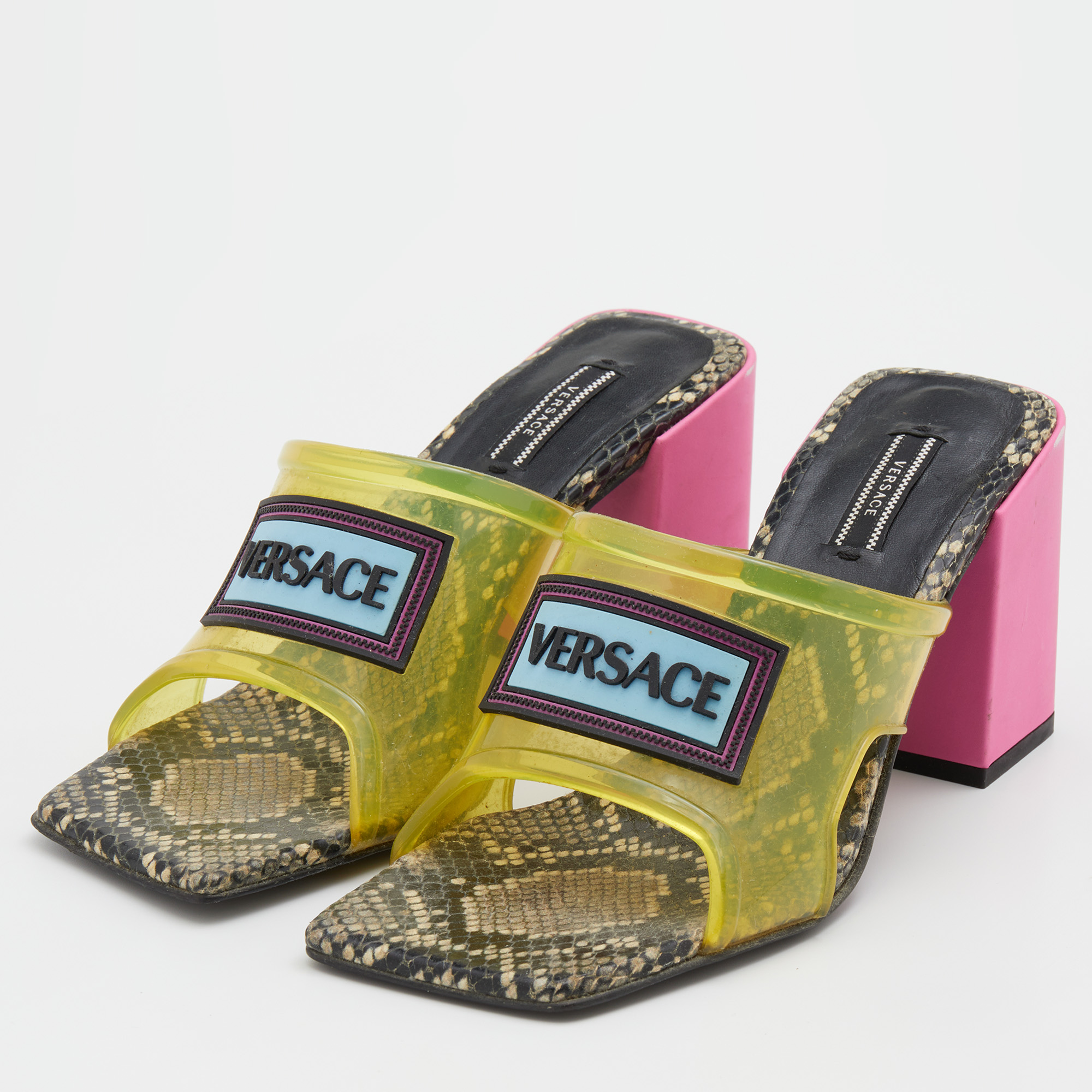 

Versace Green PVC Logo Square Toe Block Heel Slide Sandals Size