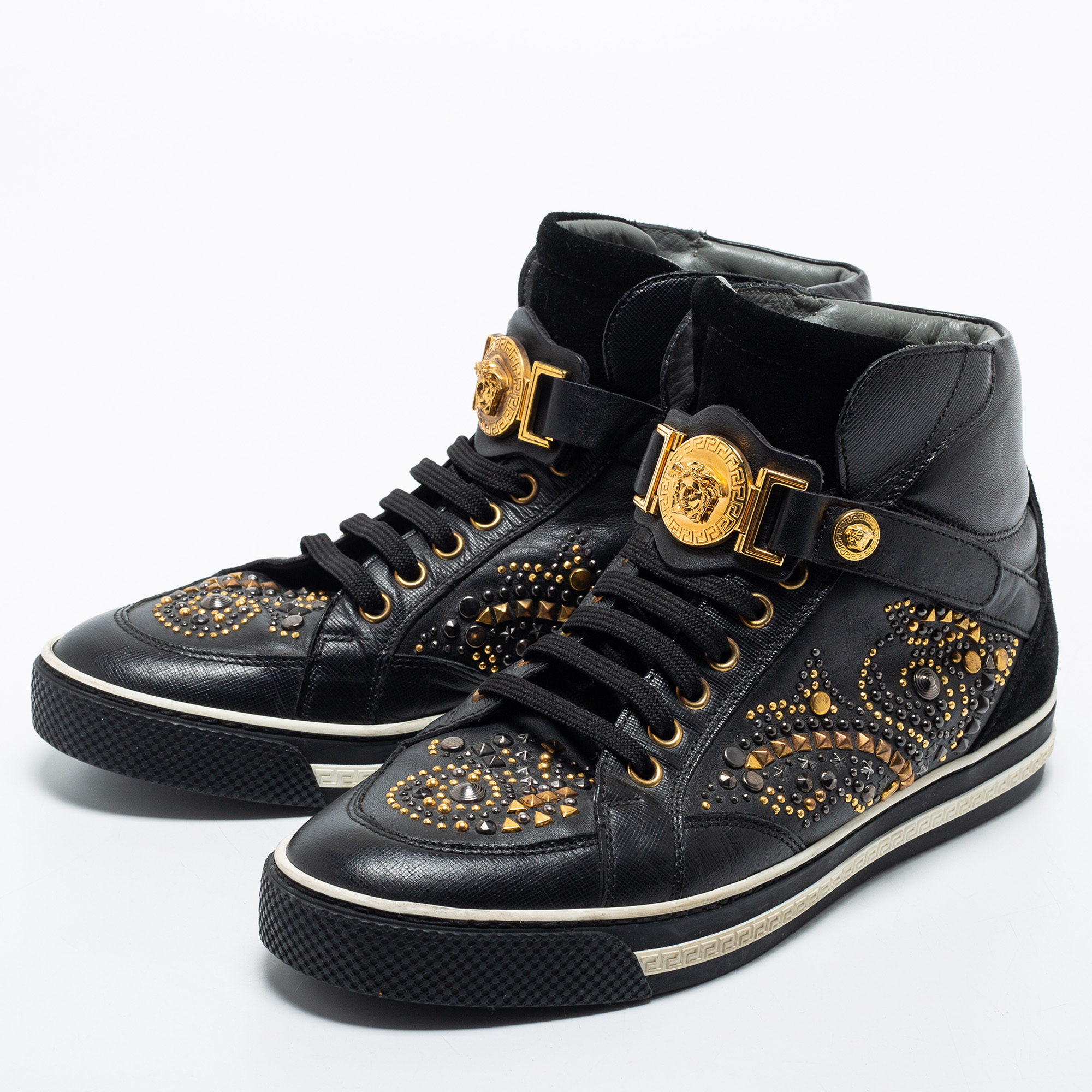 

Versace Black Studded Leather and Suede Medusa Buckle High Top Sneakers Size