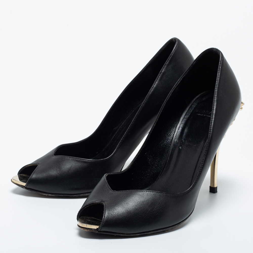 

Versace Black Leather Peep Toe Medusa Heel Pumps Size