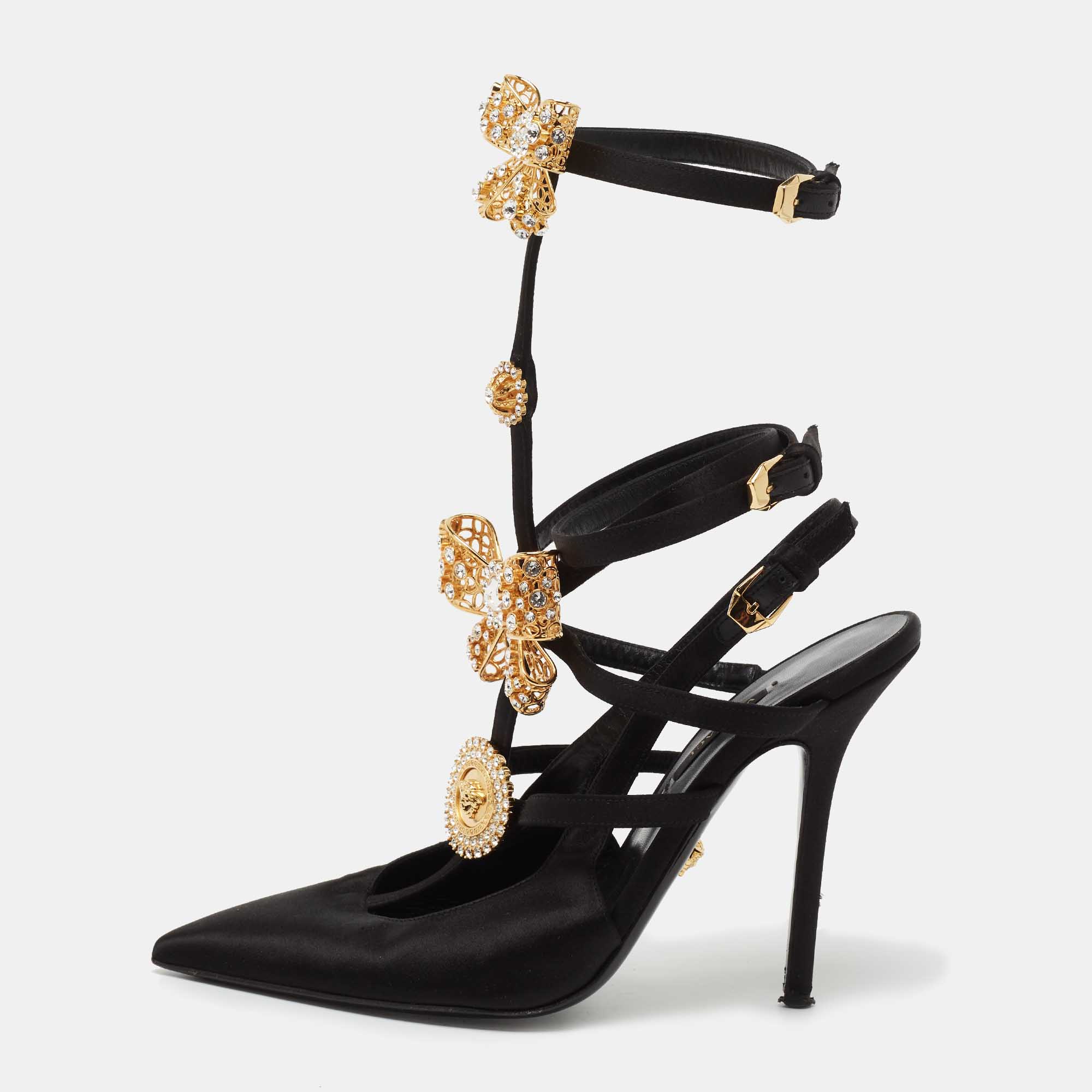 Versace Black Satin V-Bow Cage Sandals Size 40 Versace | The Luxury Closet