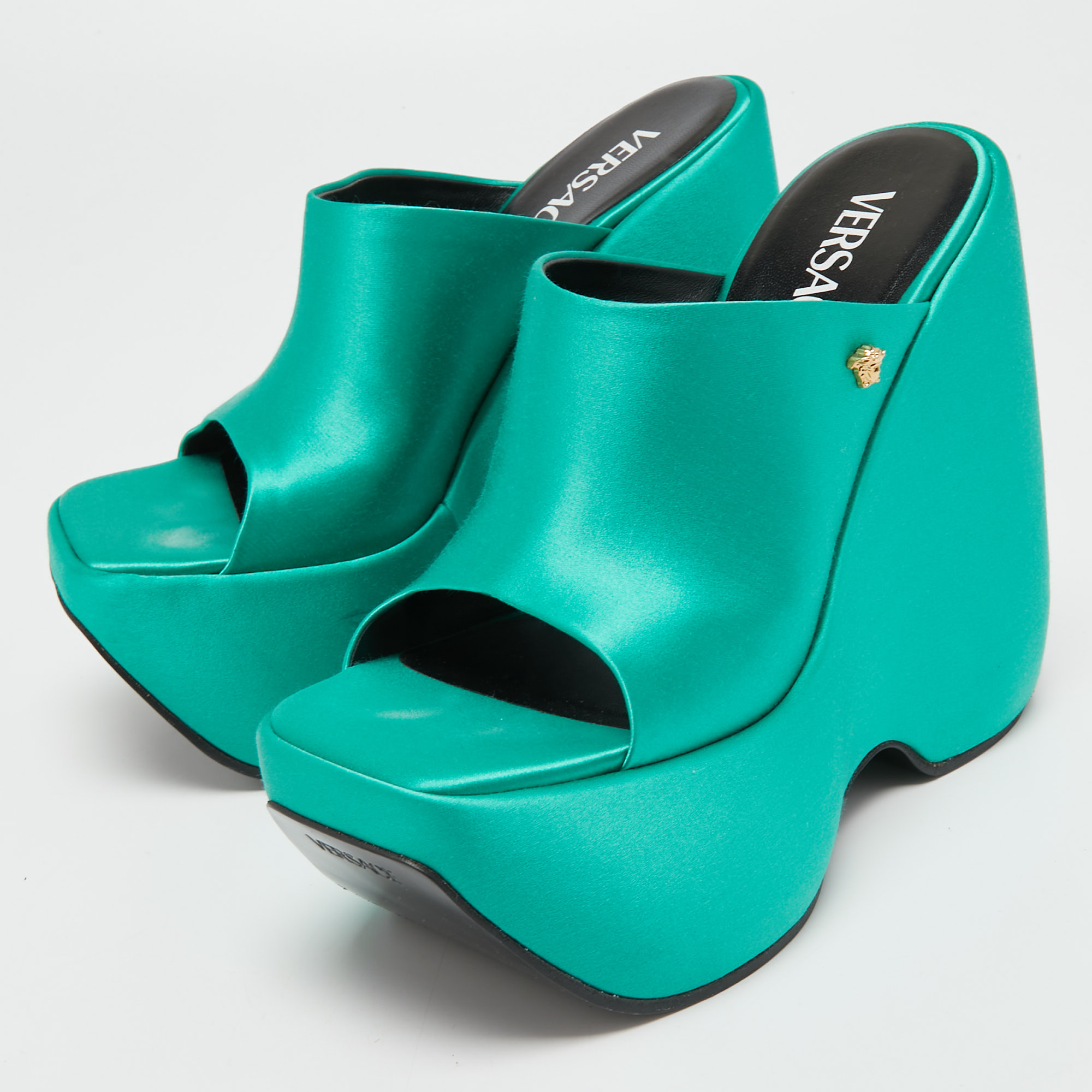 

Versace Green Satin Triplatform Wedge Mules Size