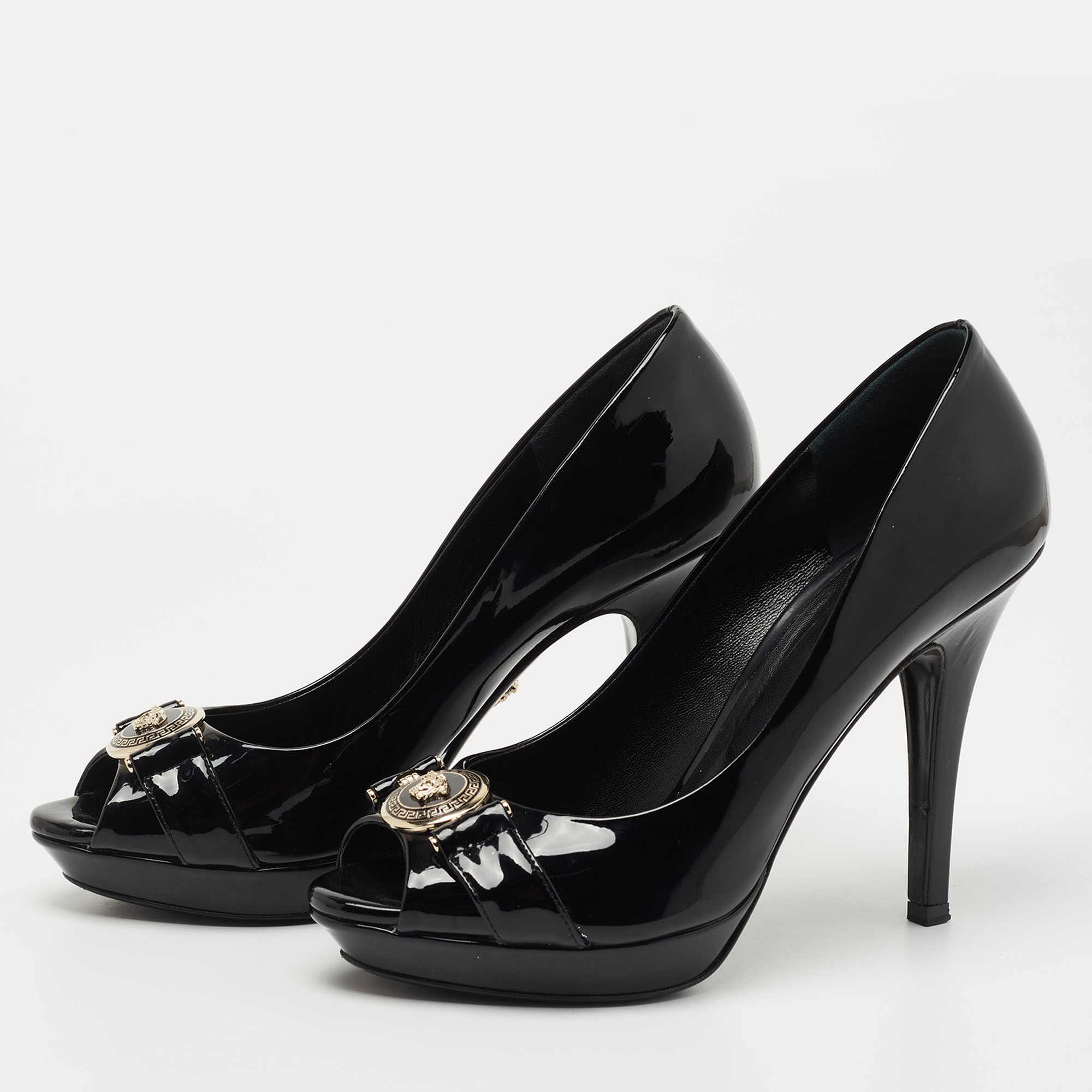 

Versace Black Patent Leather Medusa Peep Toe Pumps Size