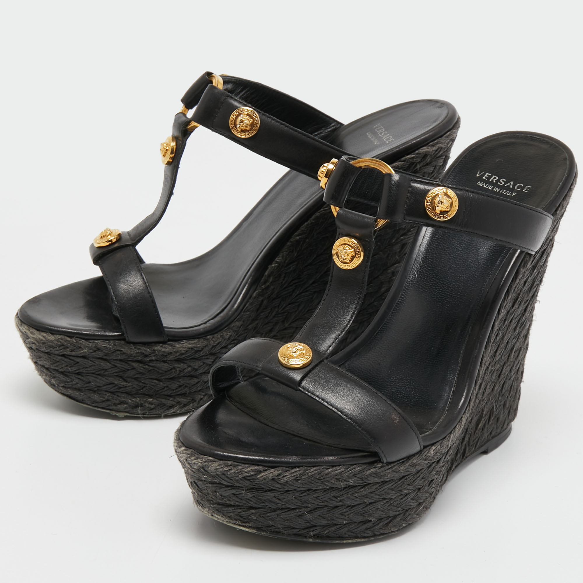 

Versace Black Leather Embellished Wedge Sandals Size