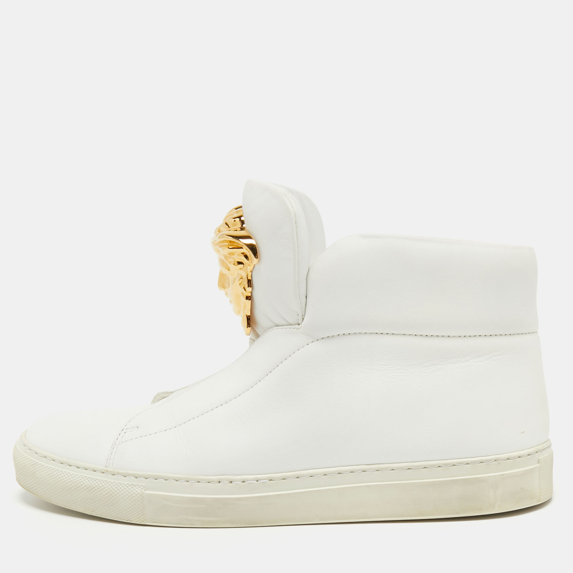 Pre-owned Versace White Leather Medusa High Top Sneakers Size 39
