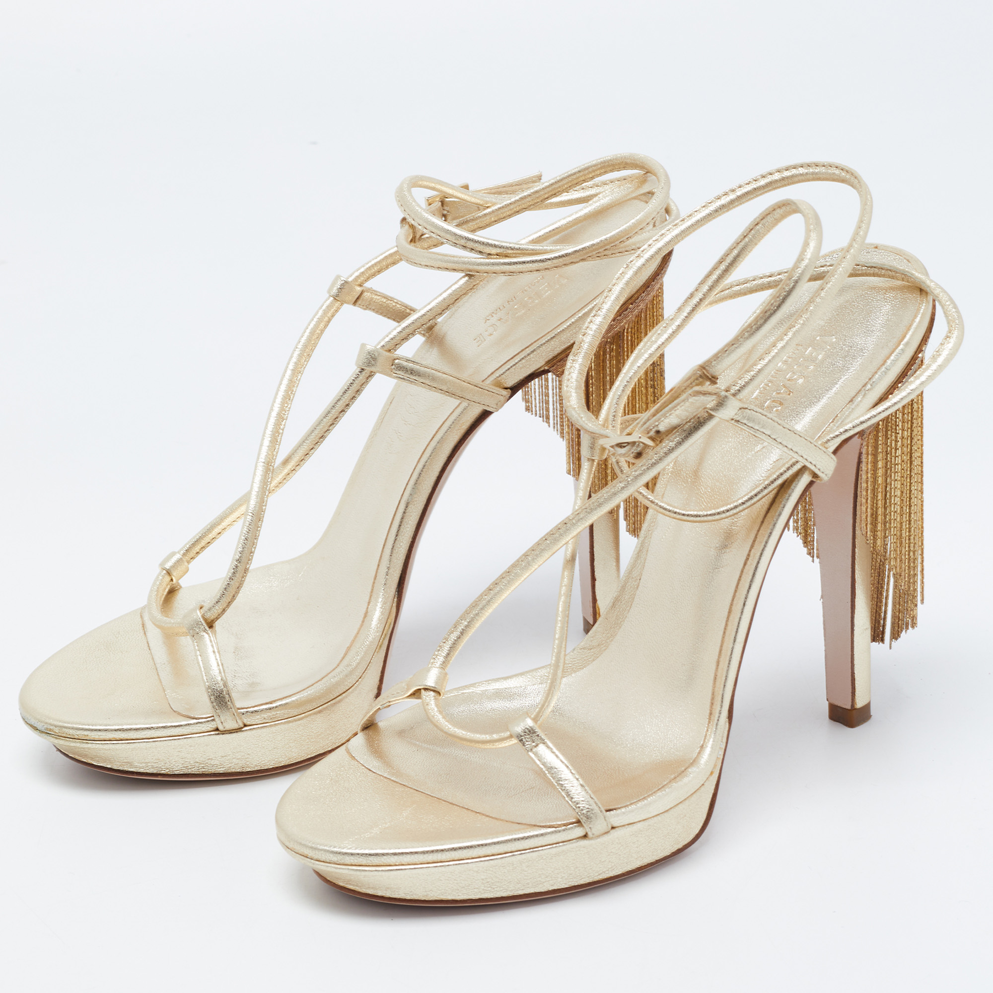 

Versace Gold Leather Fringe Heel Ankle Wrap Sandals Size