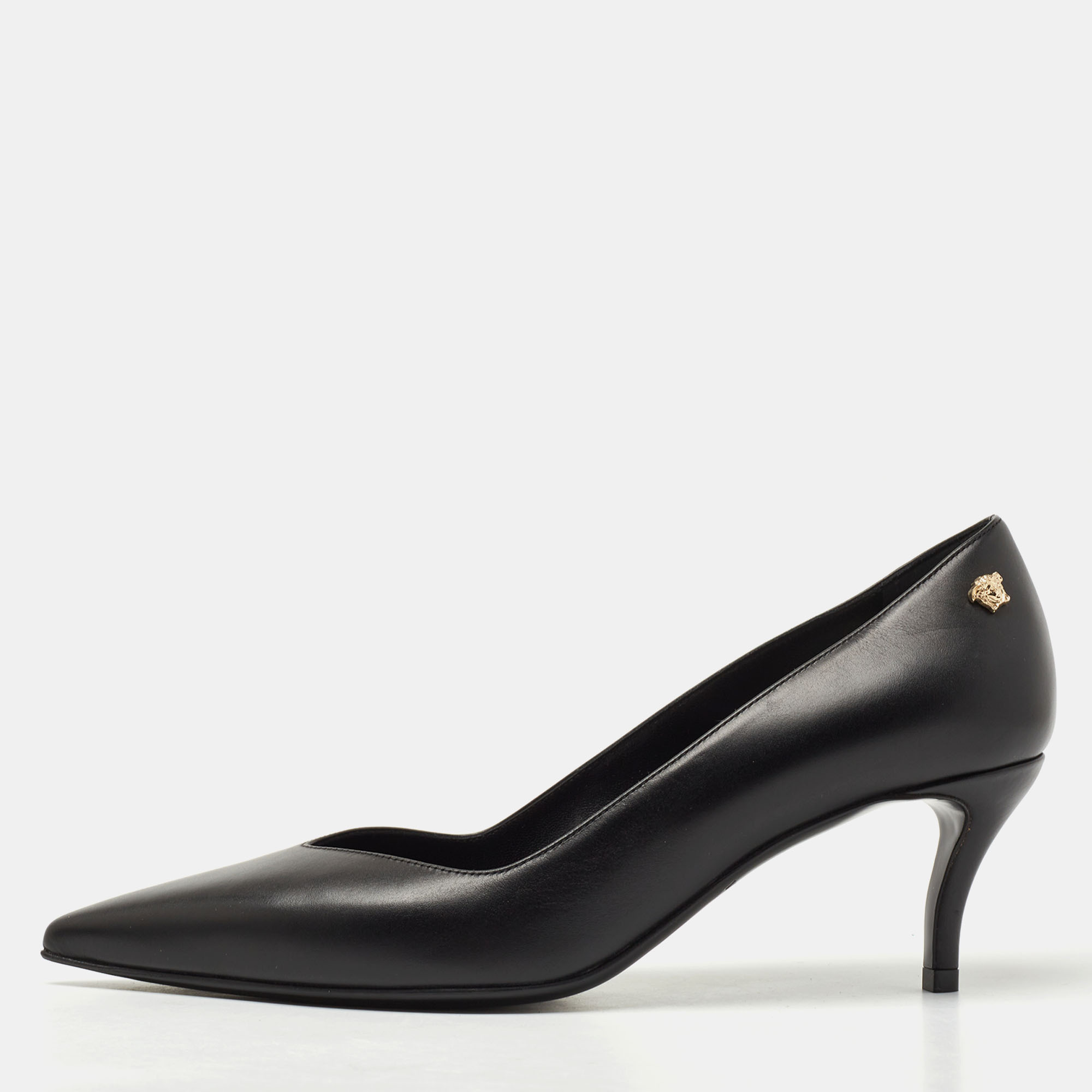 Pre Owned Versace Black Leather Medusa Pointed Toe Pumps Size 37