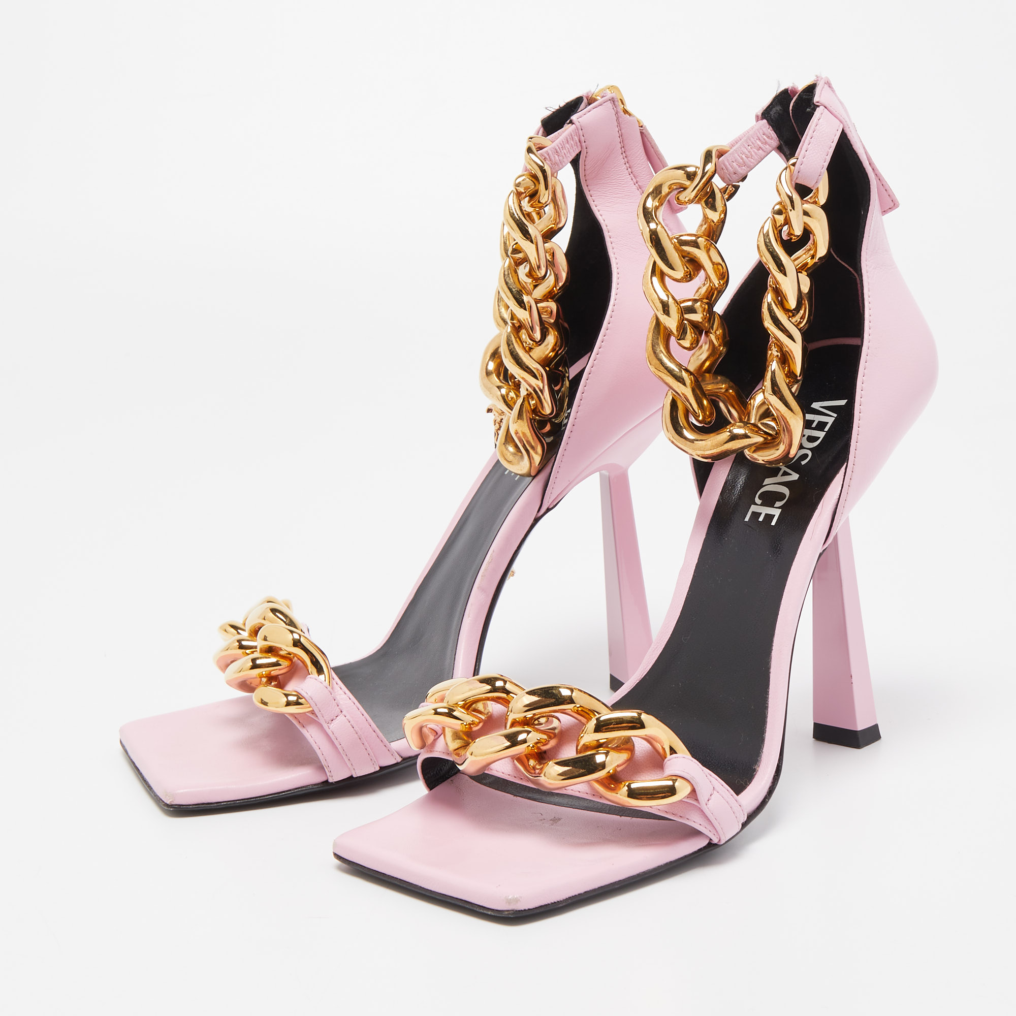 

Versace Pink Leather Medusa Chain Sandals Size