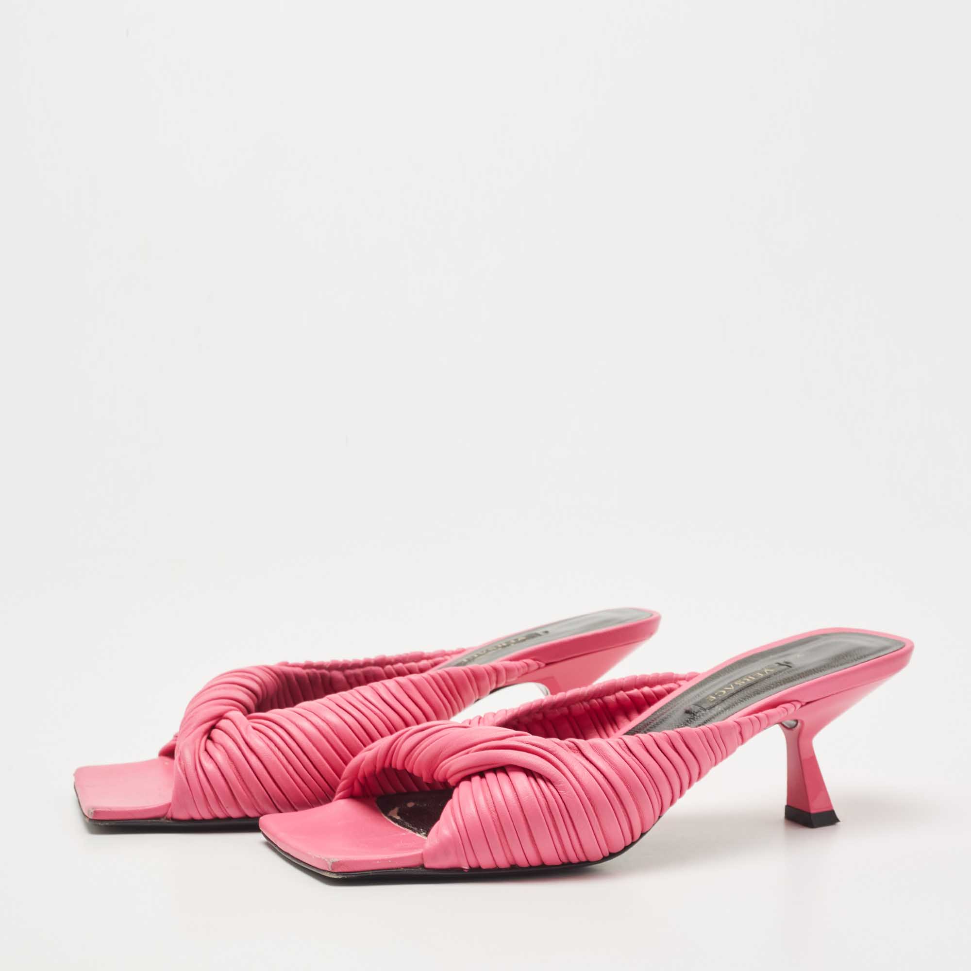 

Versace Pink Pleated Leather Plisse Mules Size