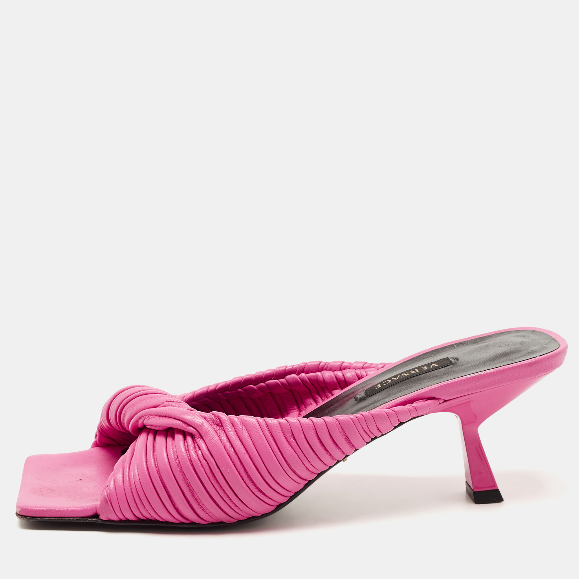 Pre-owned Versace Pink Pleated Leather Plisse Slide Sandals Size 38