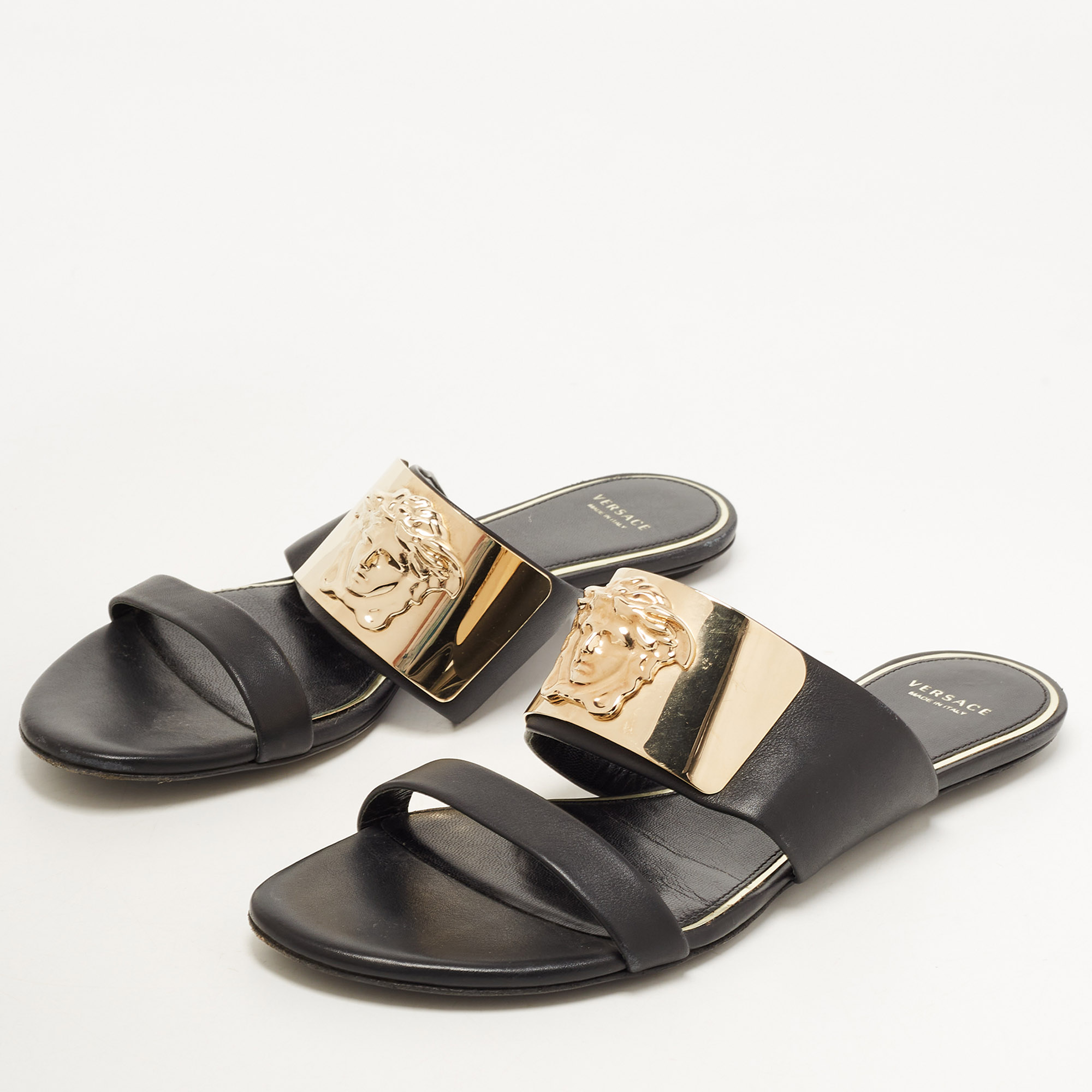 

Versace Black Leather Medusa Detail Flats Slides Size