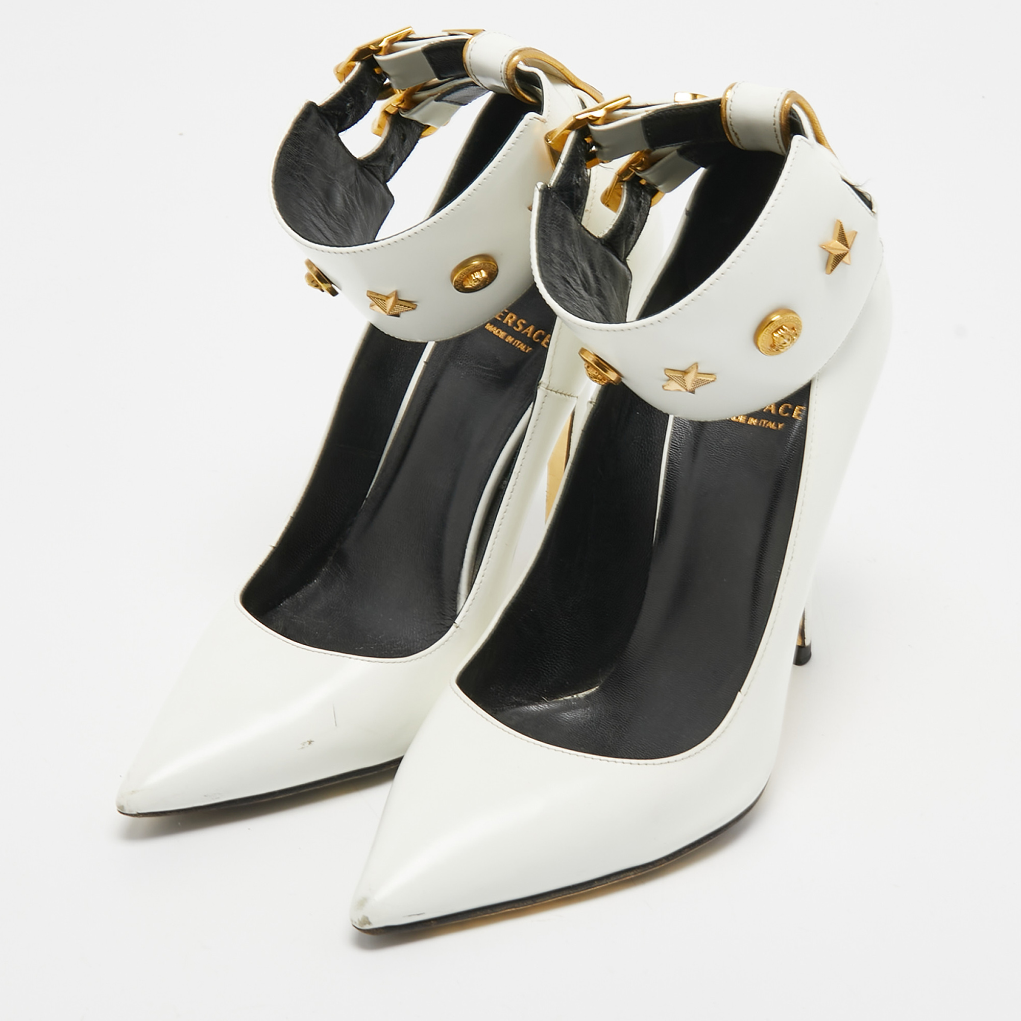 

Versace White Leather Studded Ankle Cuff Pumps Size