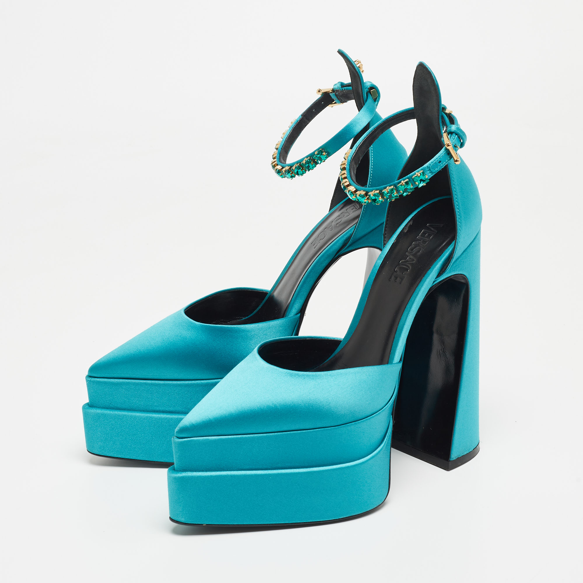 

Versace Blue Turquoise Satin Aevitas Crystal Embellished Ankle Strap Platform Block Heel Pumps Size