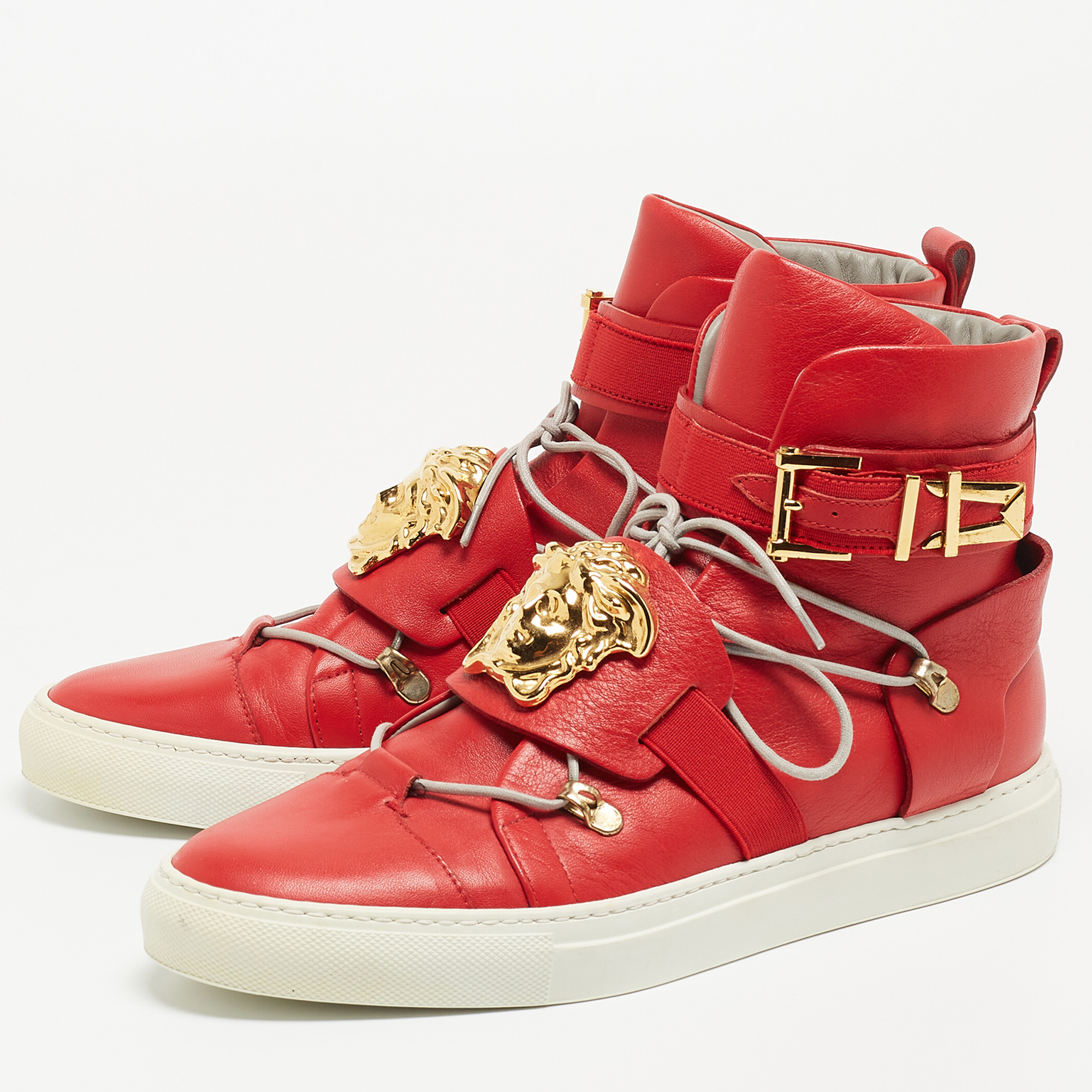 

Versace Red Leather Medusa Strap High Top Sneakers Size