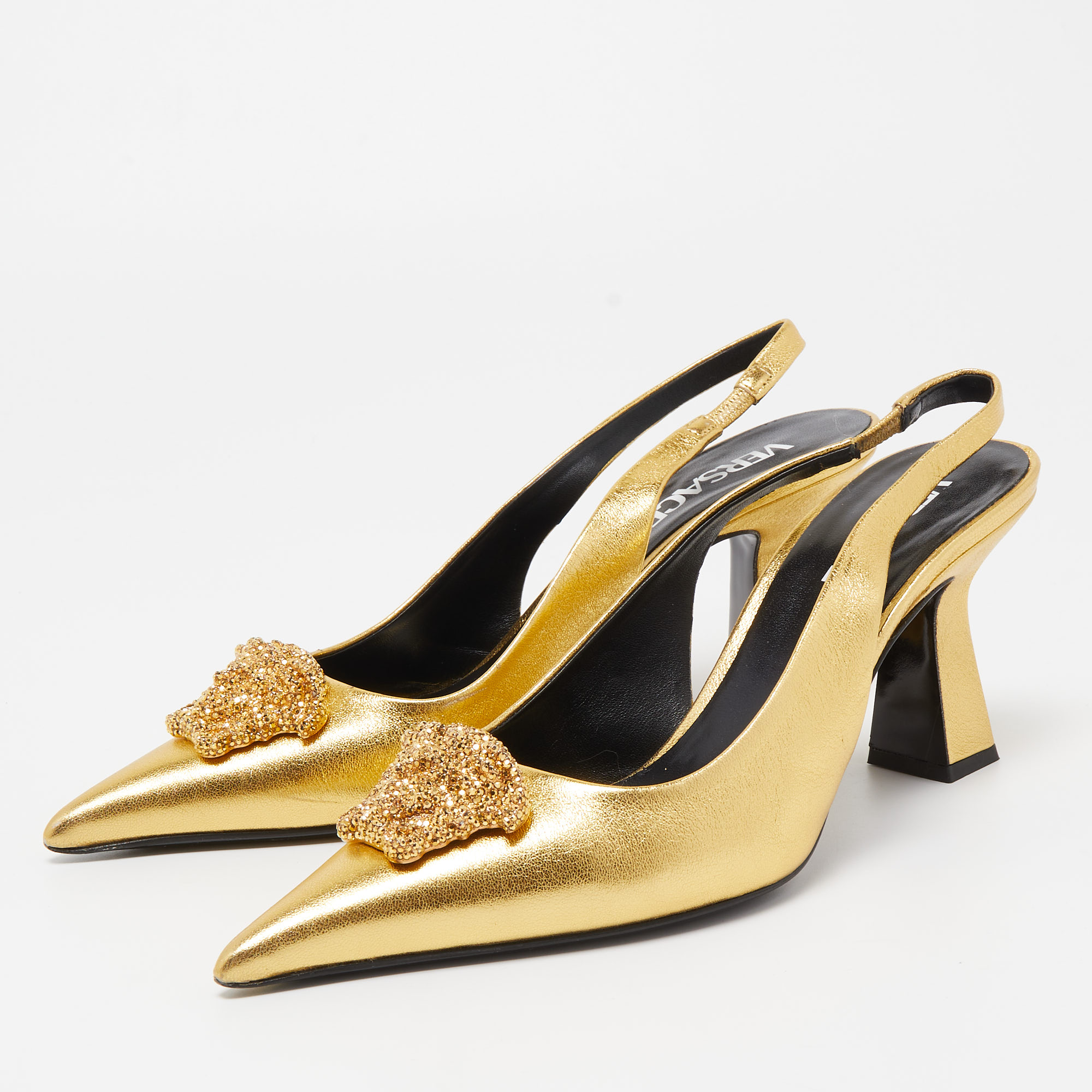 

Versace Gold Foil Leather Medusa Pointed Toe Slingback Pumps Size